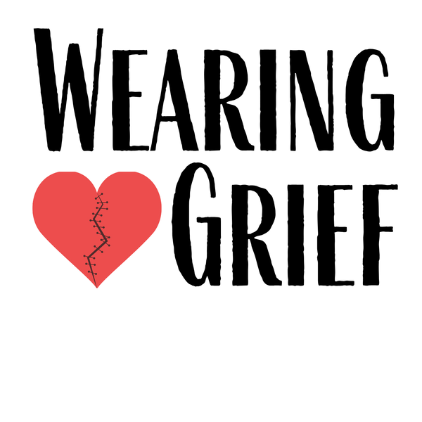 Text 'WEARING GRIEF' with a red heart and stitches on a white background